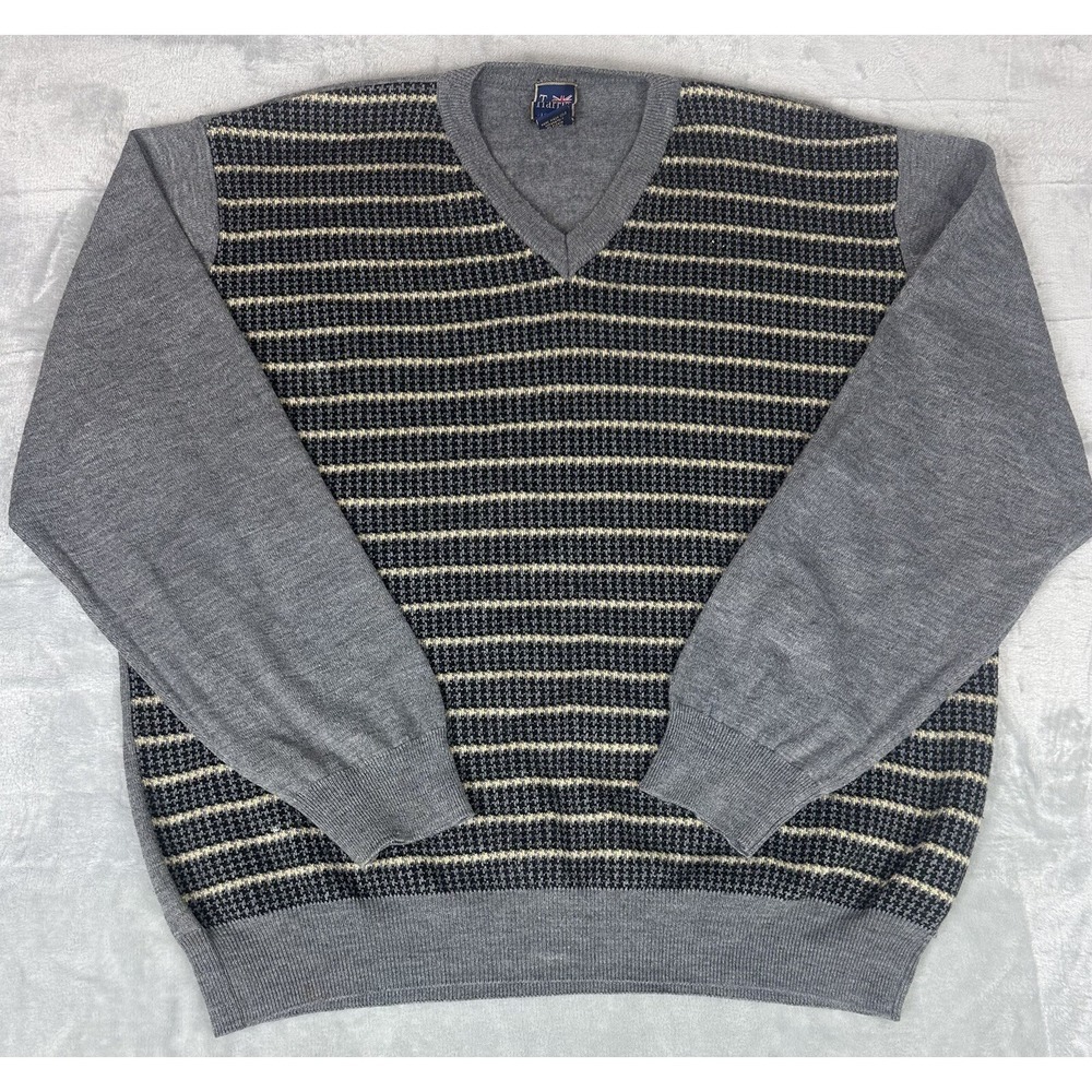 T Harris‎ London Wool Blend Striped Sweater Mens XL V Neck English Countryside